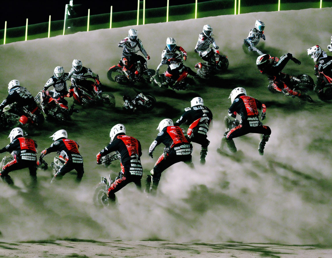 Nighttime motocross race on dirt track under bright lights