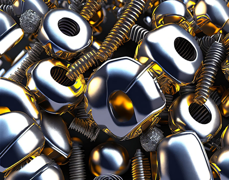 Shiny metal nuts and bolts in 3D rendering