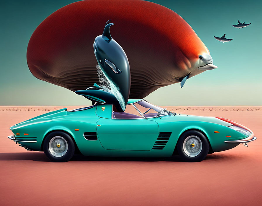 Vintage Teal Sports Car with Mushroom Cap Roof, Dolphin, Birds, and Sandy Background