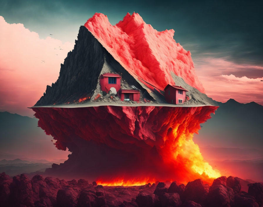 Floating Island with Lava Base in Dramatic Red Sky & Mountain Peak