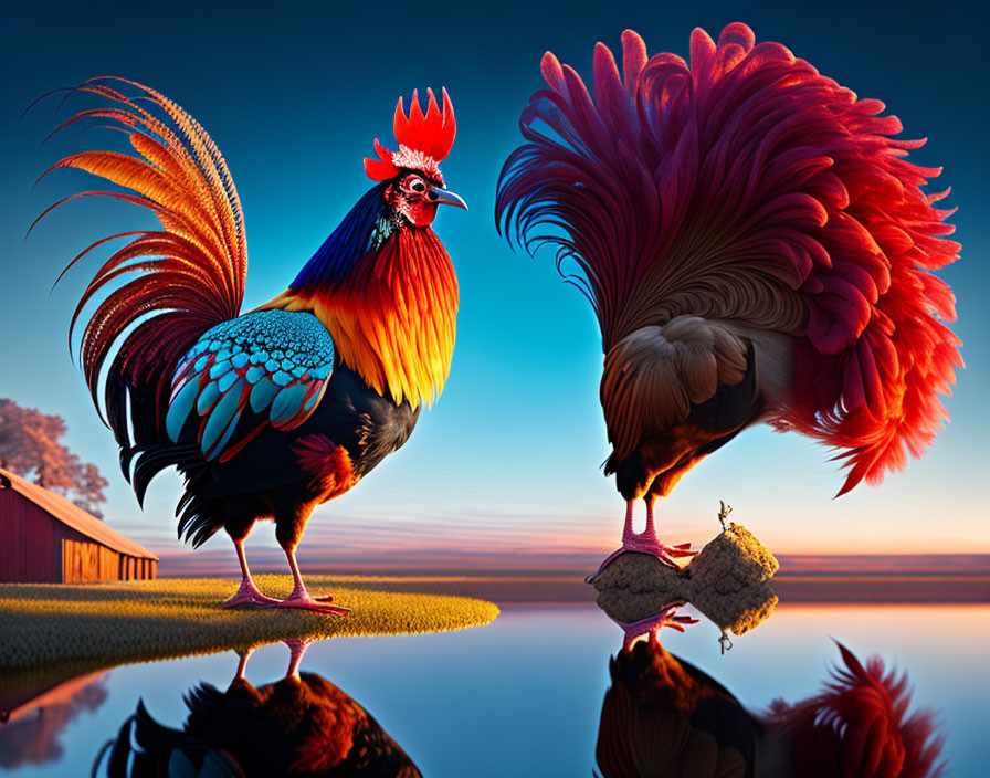 Colorful Roosters with Elaborate Feathers at Barn During Sunrise or Sunset