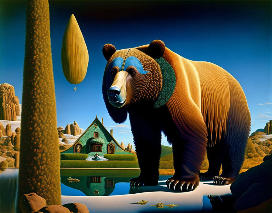 Surreal painting featuring bear, golden seed, house, water reflections, scenic backdrop