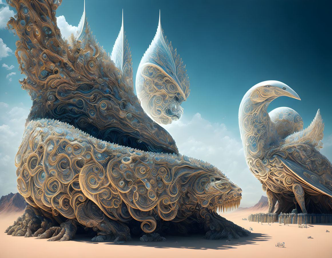 Intricate dragon-like creatures in surreal desert landscape