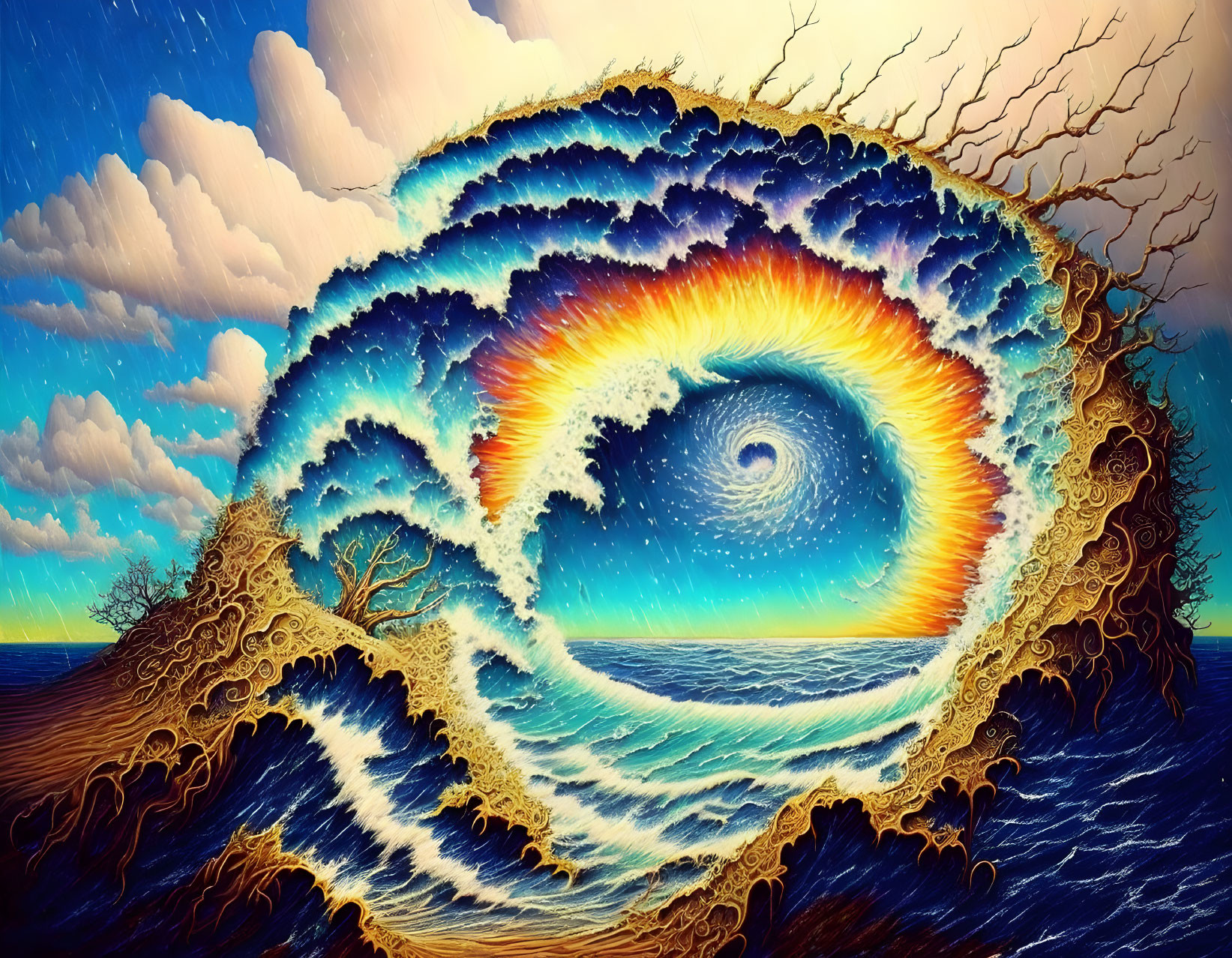 Colorful surreal painting: Wave curling into nautilus shell with dynamic sky and bending tree