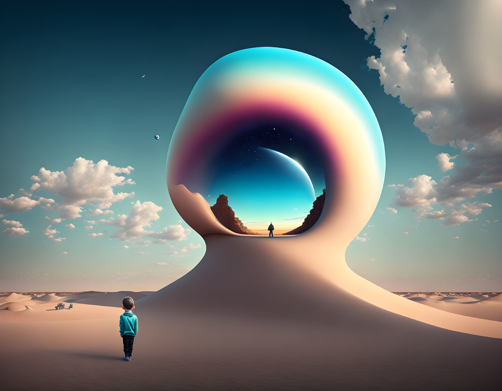 Surreal image of child and humanoid sculpture in desert landscape