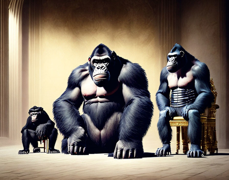 Three stylized gorillas of varying sizes in a grand room with columns, one on a golden throne