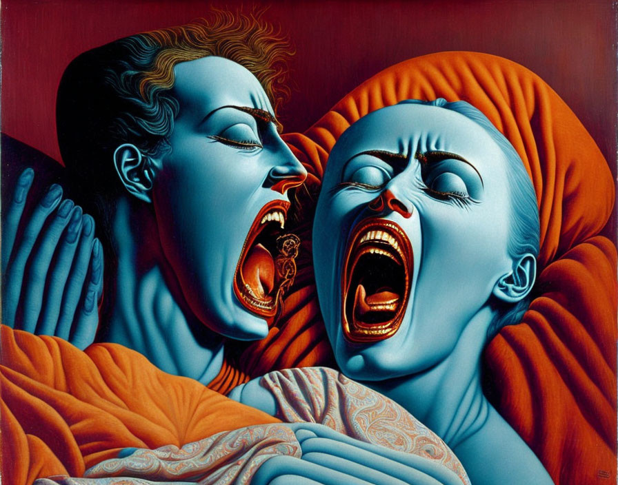 Surrealist Painting: Two Individuals with Dramatically Open Mouths in Orange-Blue Palette