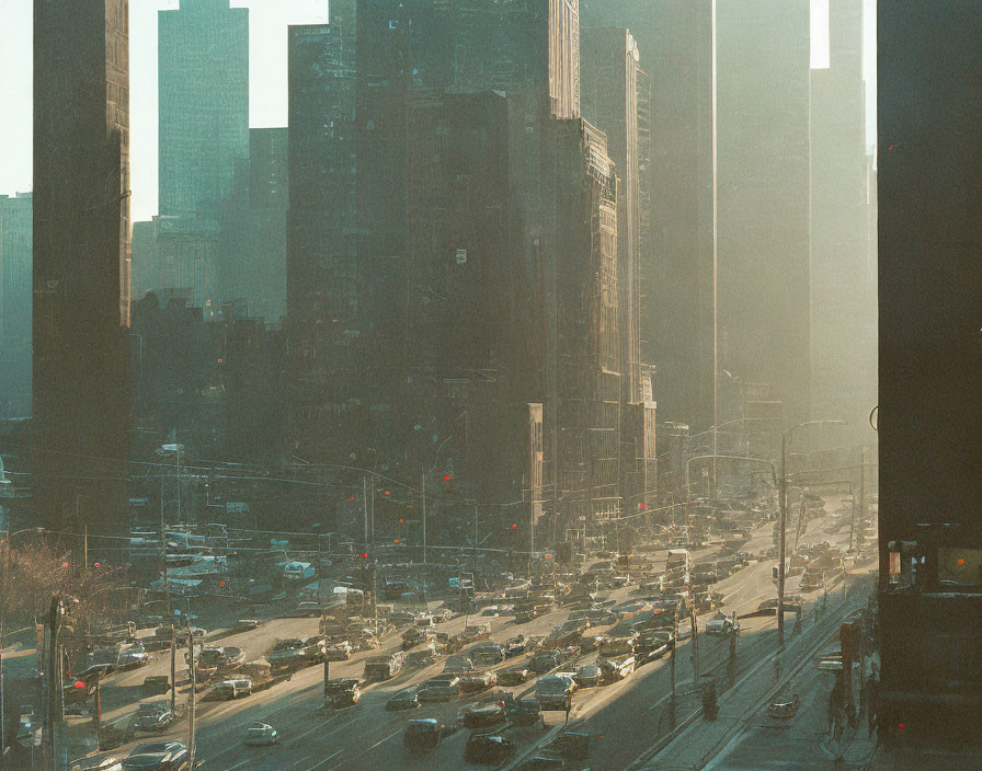 City street at sunset with warm sunlight on traffic and skyscrapers