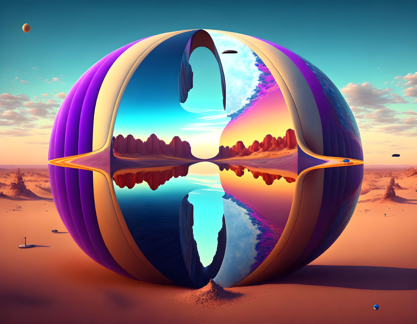 Surreal desert landscape with reflective spherical object and distant planets