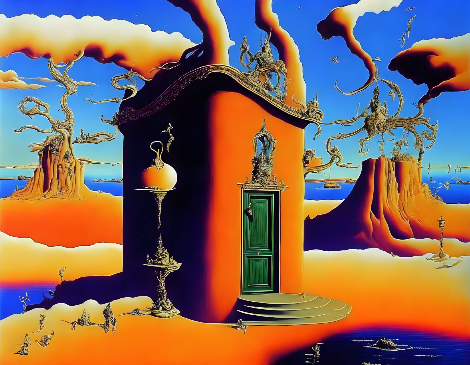 Surreal painting: isolated door, twisted trees, floating islands, blue and orange sky