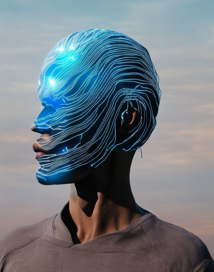 Digital illustration: Person with blue circuit lines on face against cloudy sky