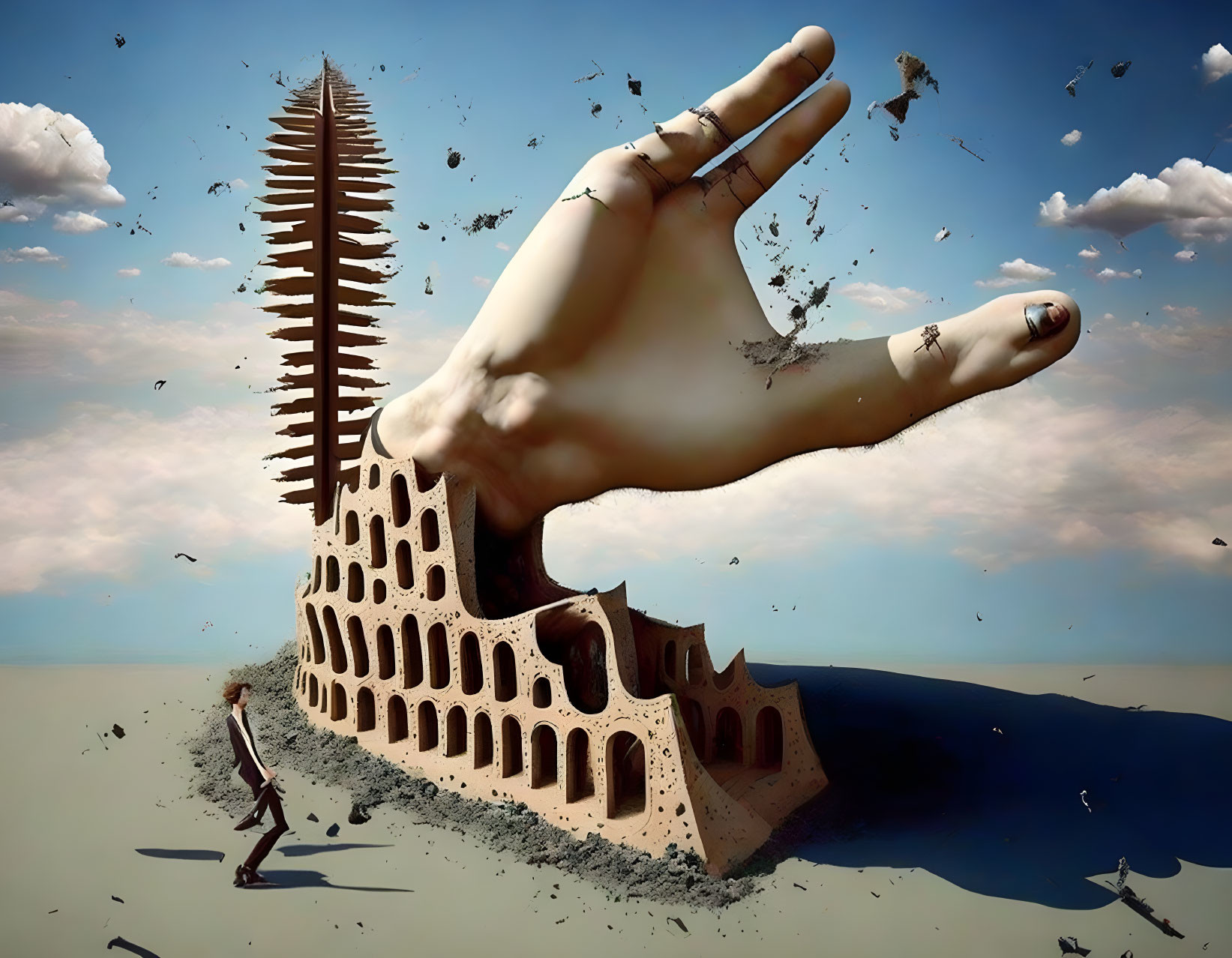 Surreal image: hand-shaped building, tower, debris, birds, person walking