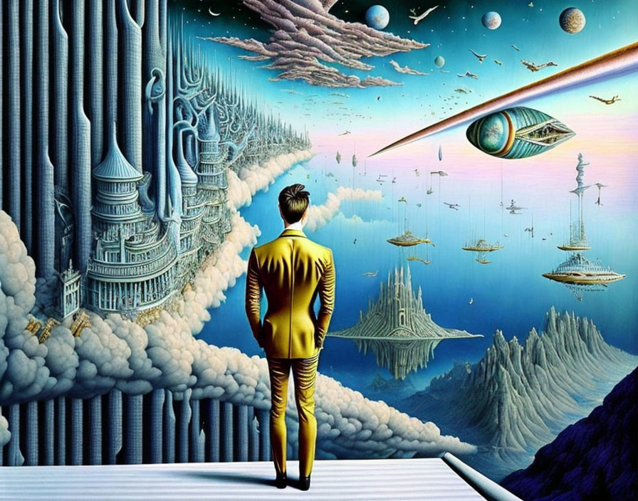 Man in yellow suit on cloud platform gazes at surreal floating islands and spacecraft.