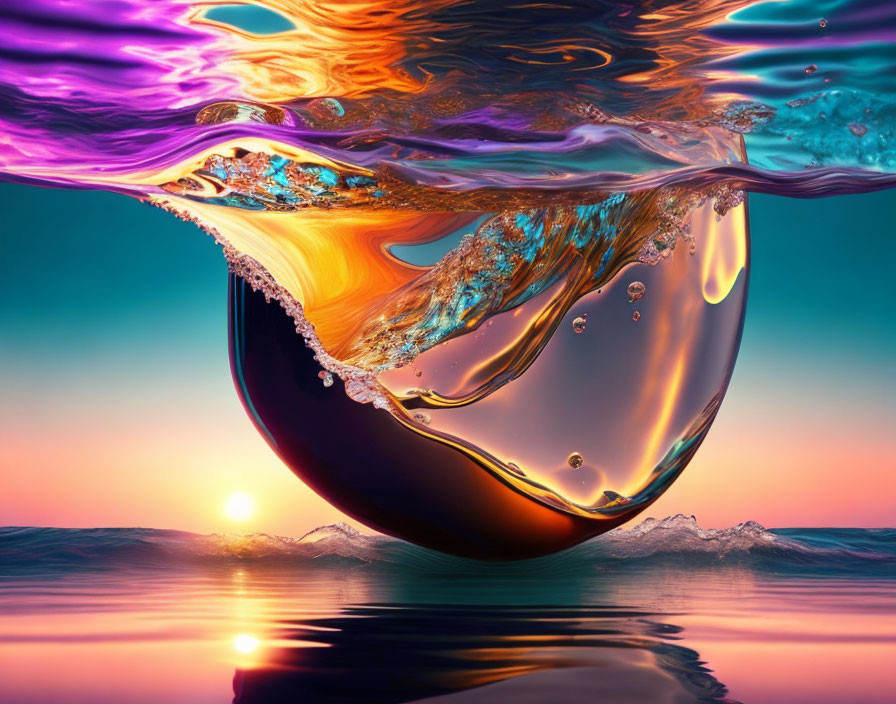 Colorful Abstract Art: Spherical Object in Water with Sunset Reflection