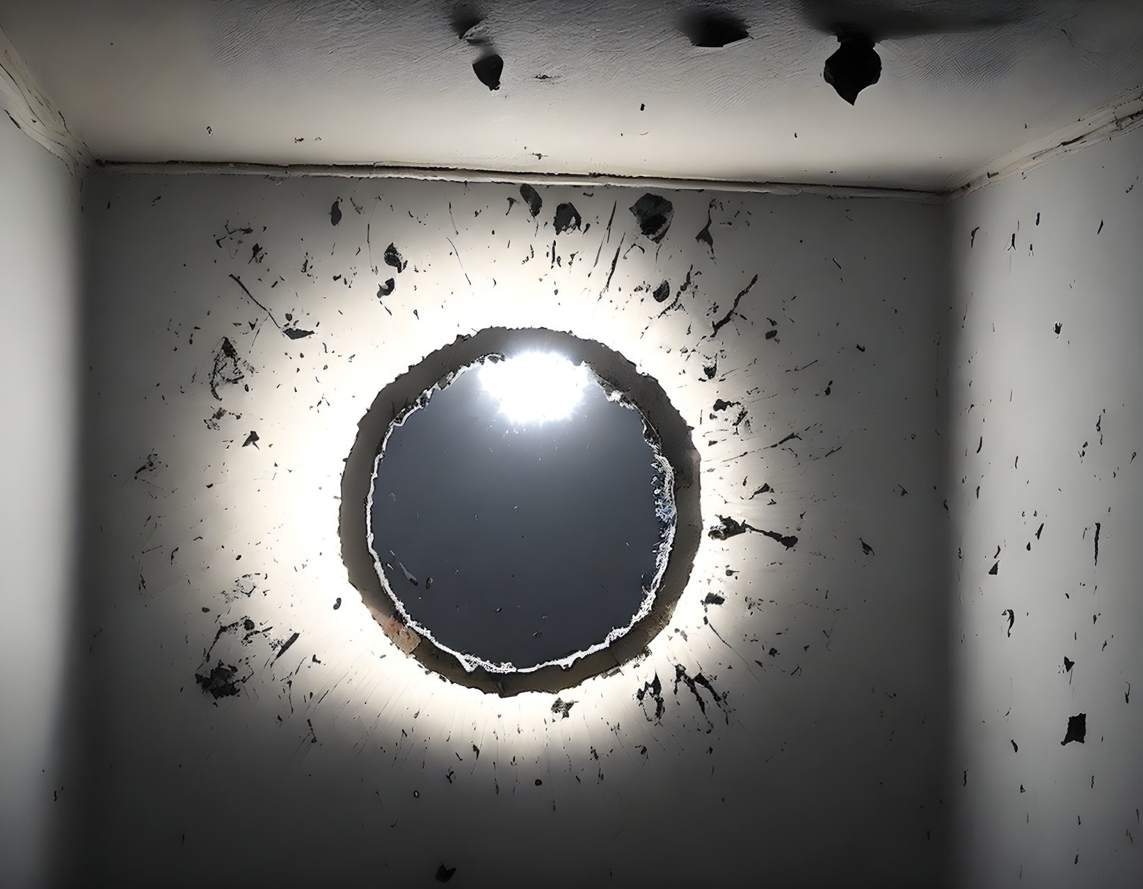 Circular Hole in Ceiling with Debris and Light, Surrounded by Marks