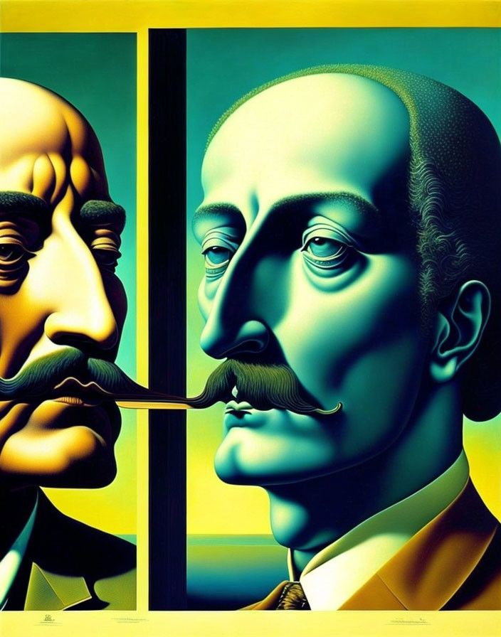 Surrealist painting: Two men's faces with elongated noses blend on yellow background