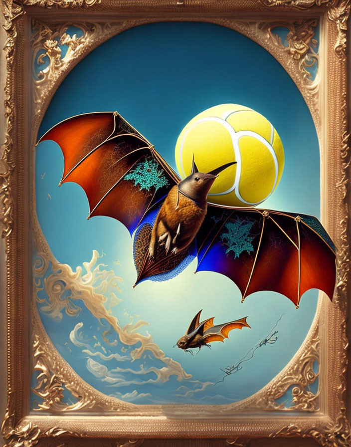 Whimsical painting of bats with butterfly wings playing volleyball