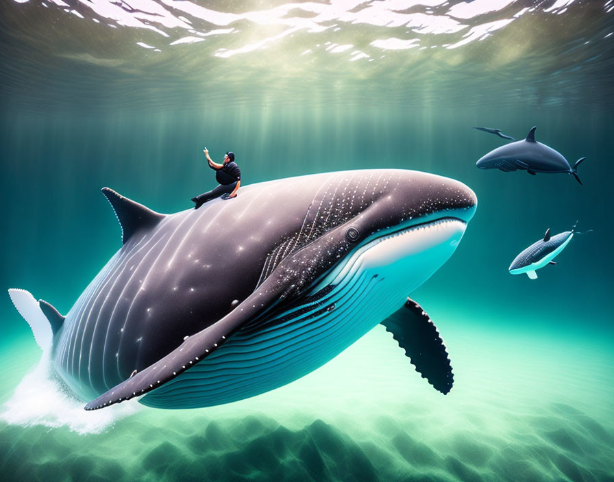 Underwater scene: Diver on whale with dolphins under dappled light