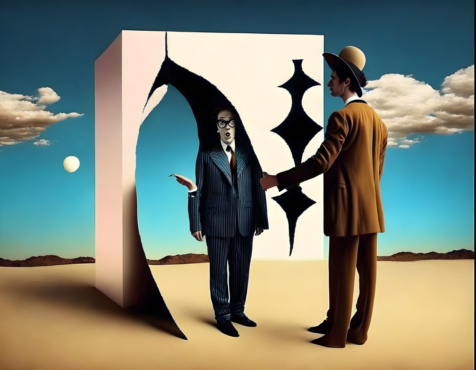 Surreal art: Man in bowler hat tears space, revealing figure in suit in desert