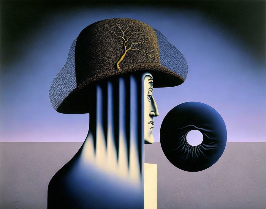 Surreal painting: elongated face, cracked hat, floating eyeball, pastel backdrop