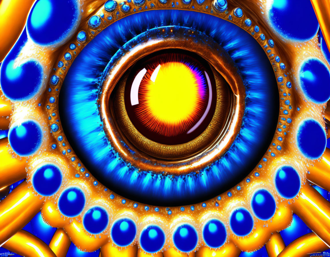 Vivid fractal image of radiant blue and gold eye-like design