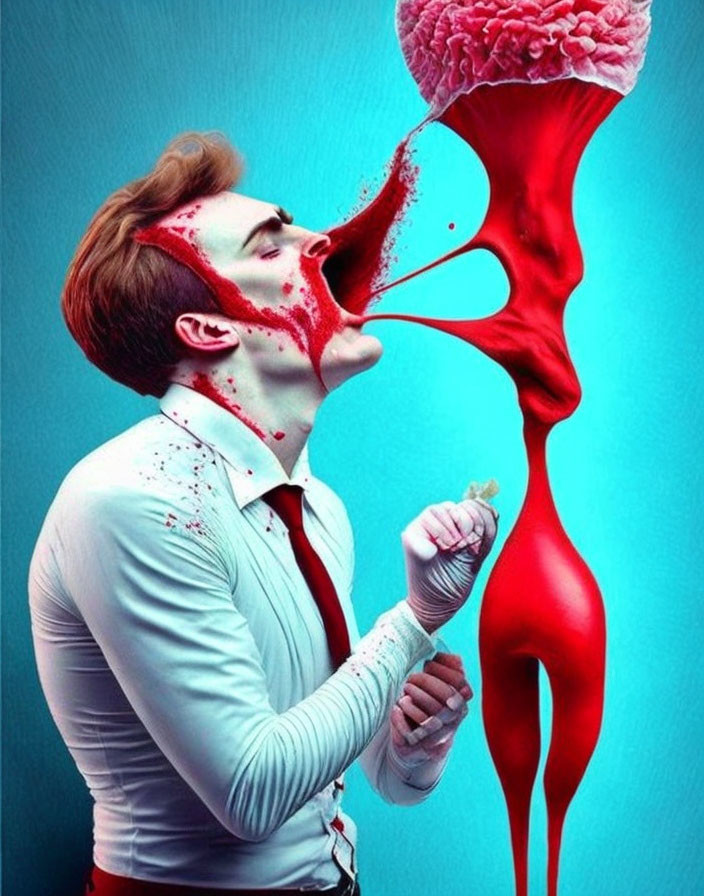 Surreal image of person sneezing red burst connecting with slender figure