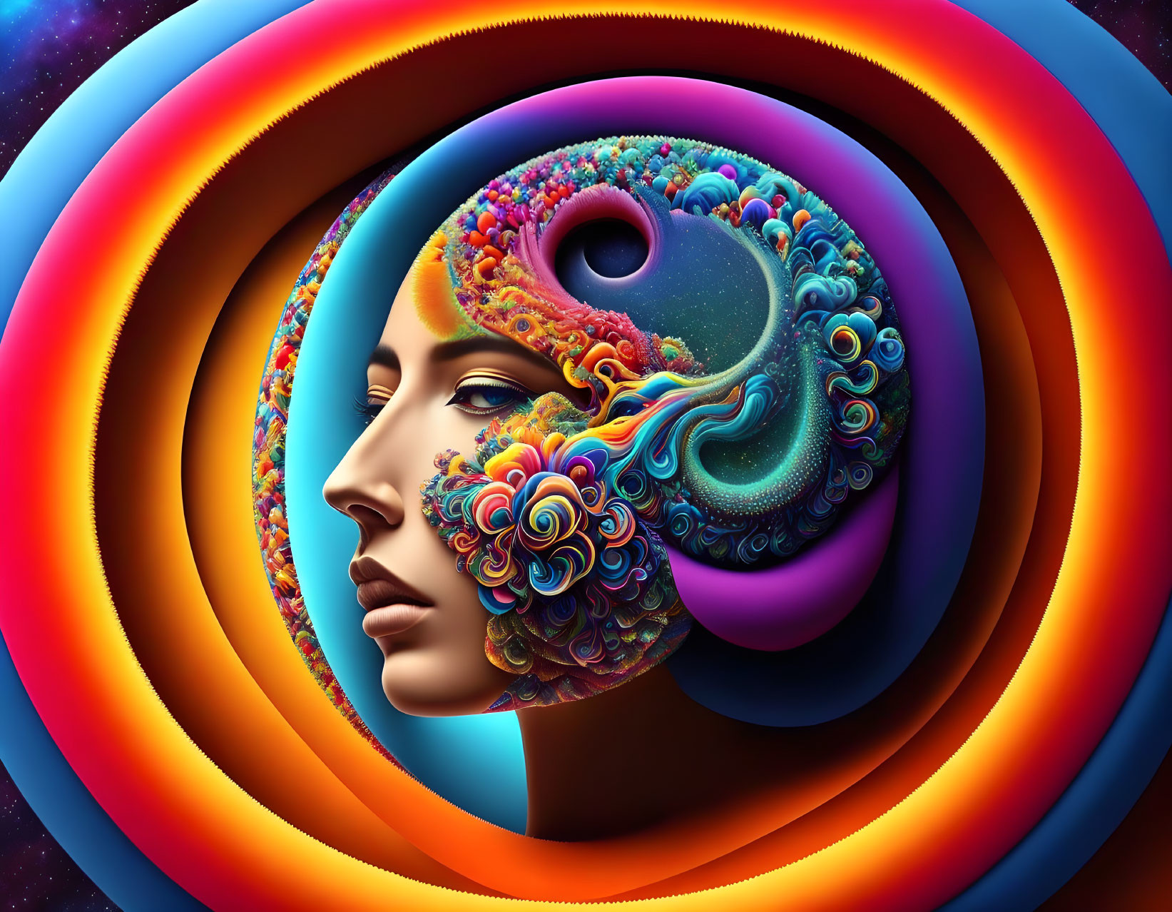 Colorful Fractal Brain Design in Human Profile Artwork