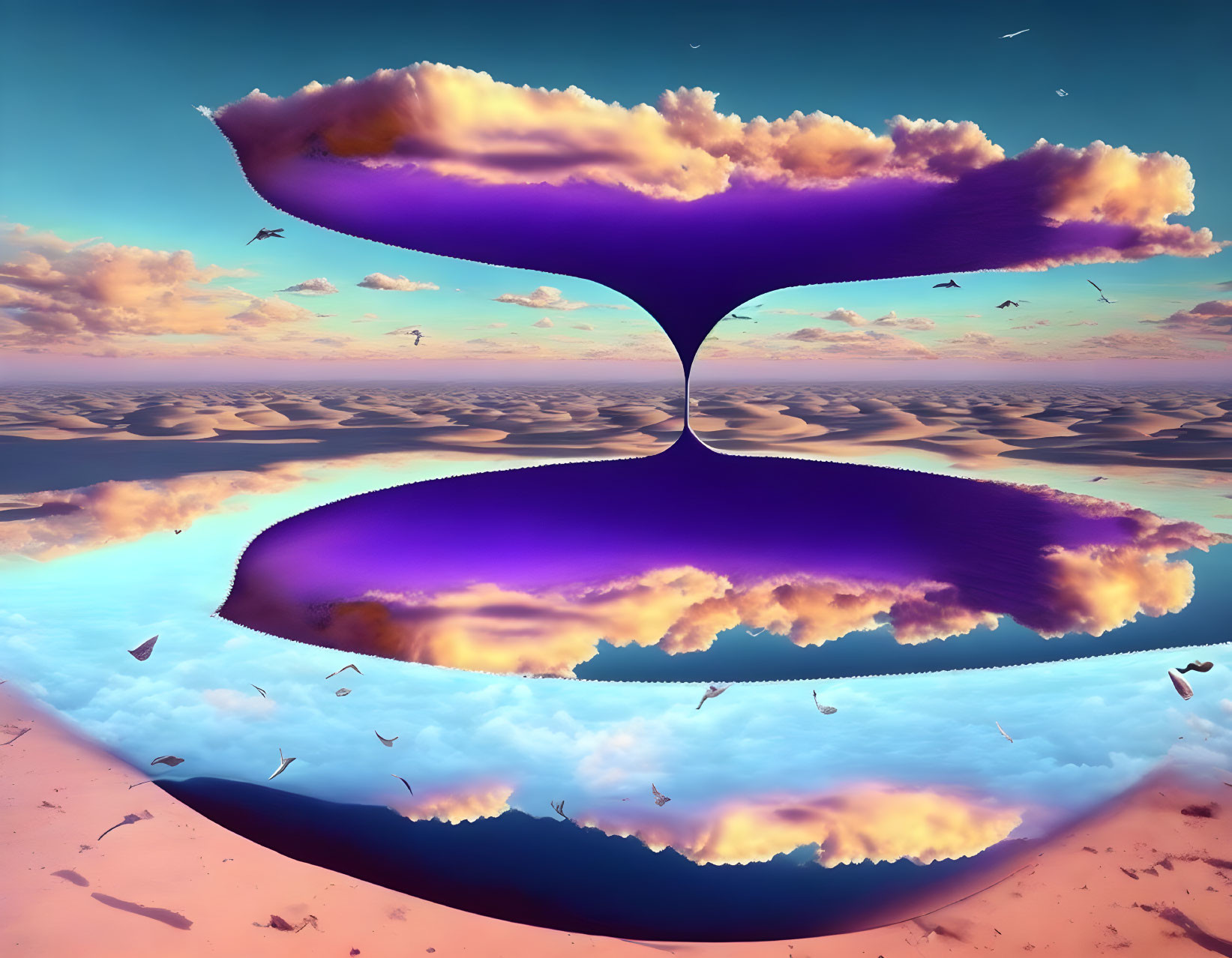 Surreal landscape with hourglass cloud, birds, and pastel backdrop