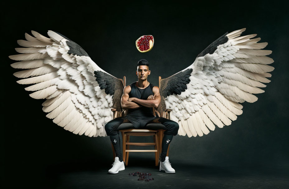 Man with white wings and pomegranate halo on chair against dark backdrop