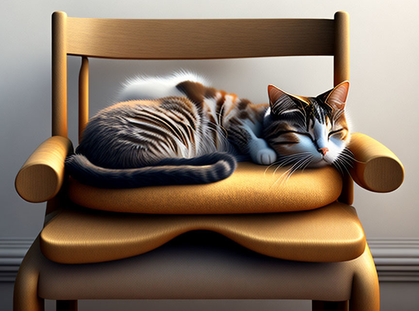 Tabby Cat Sleeping Peacefully on Wooden Chair