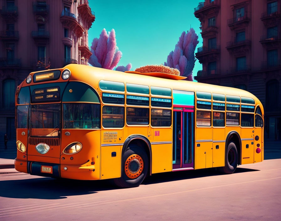 Vintage yellow city bus surrounded by colorful trees and buildings on a sunny street