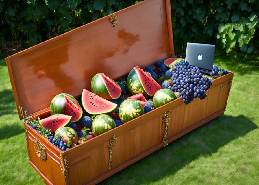 Ornate wooden coffin with watermelons, grapes, and silver laptop