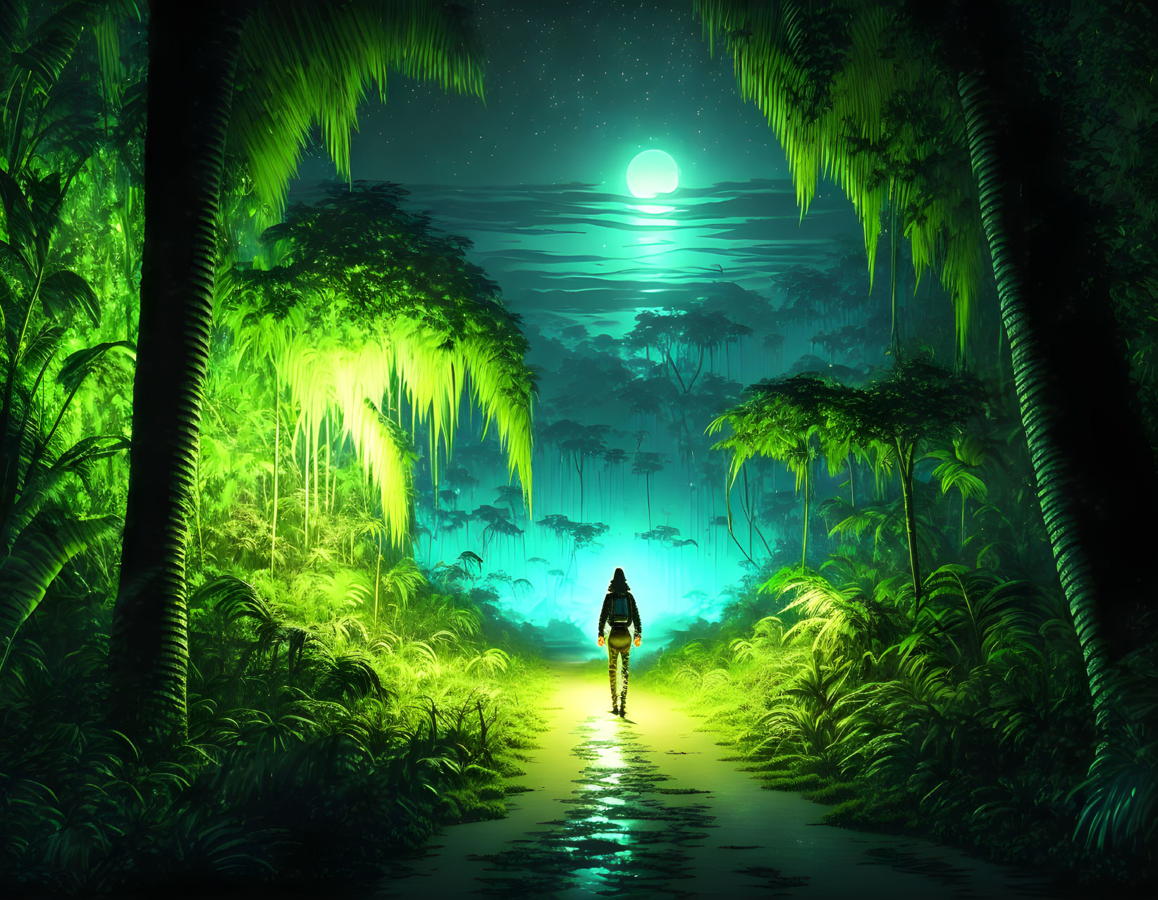 Moonlit Jungle Walk: Luminous Path with Vibrant Green Foliage