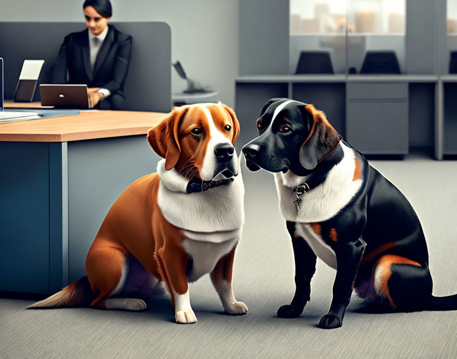 Two dogs conversing in office as businesswoman works