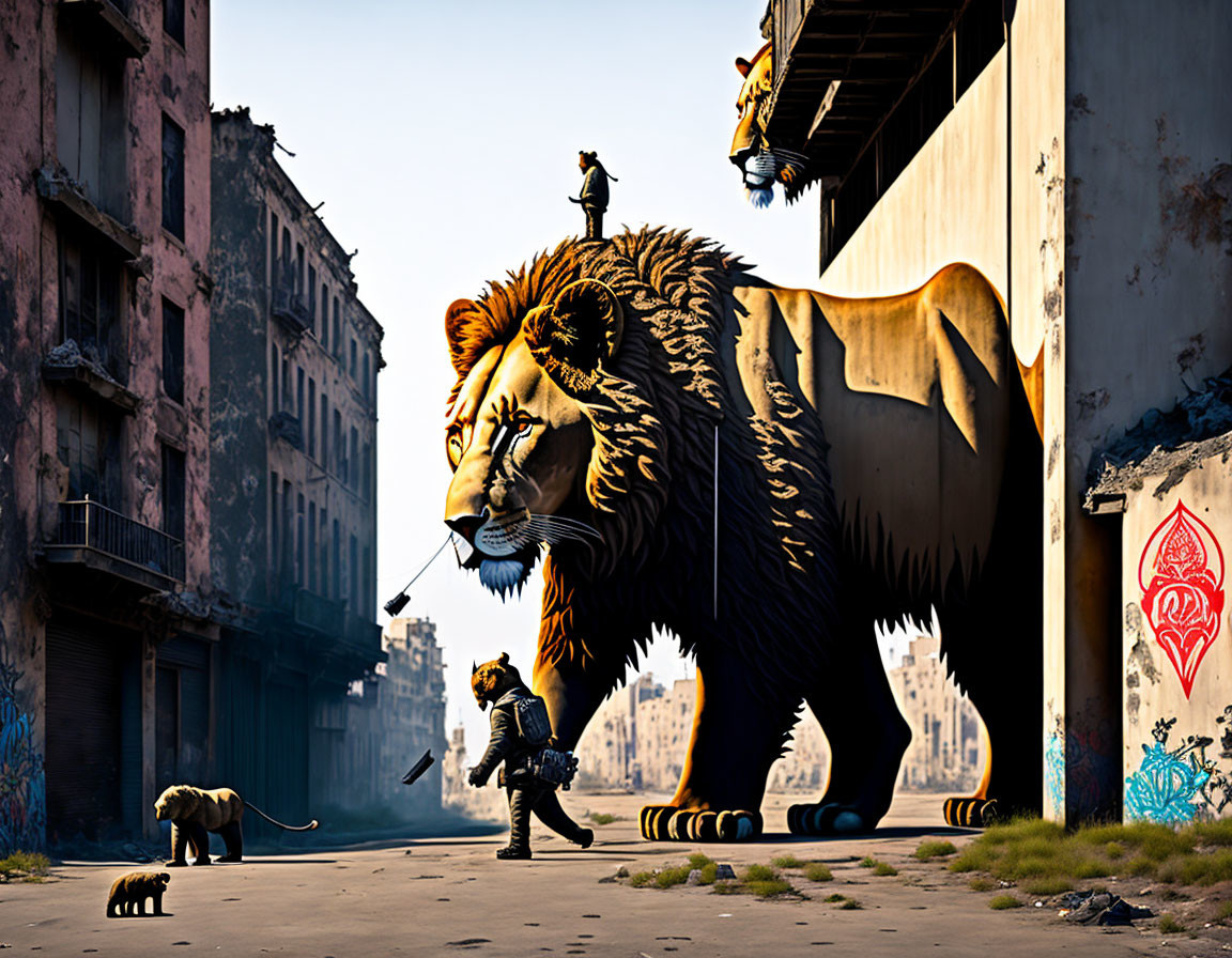 Hazmat-suited person leads giant lion with tiny elephant in abandoned city street