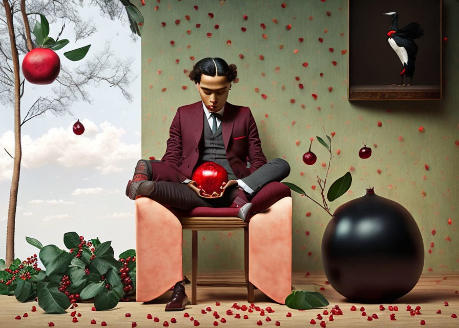 Person in Maroon Suit with Shiny Apple Surrounded by Floating Fruits