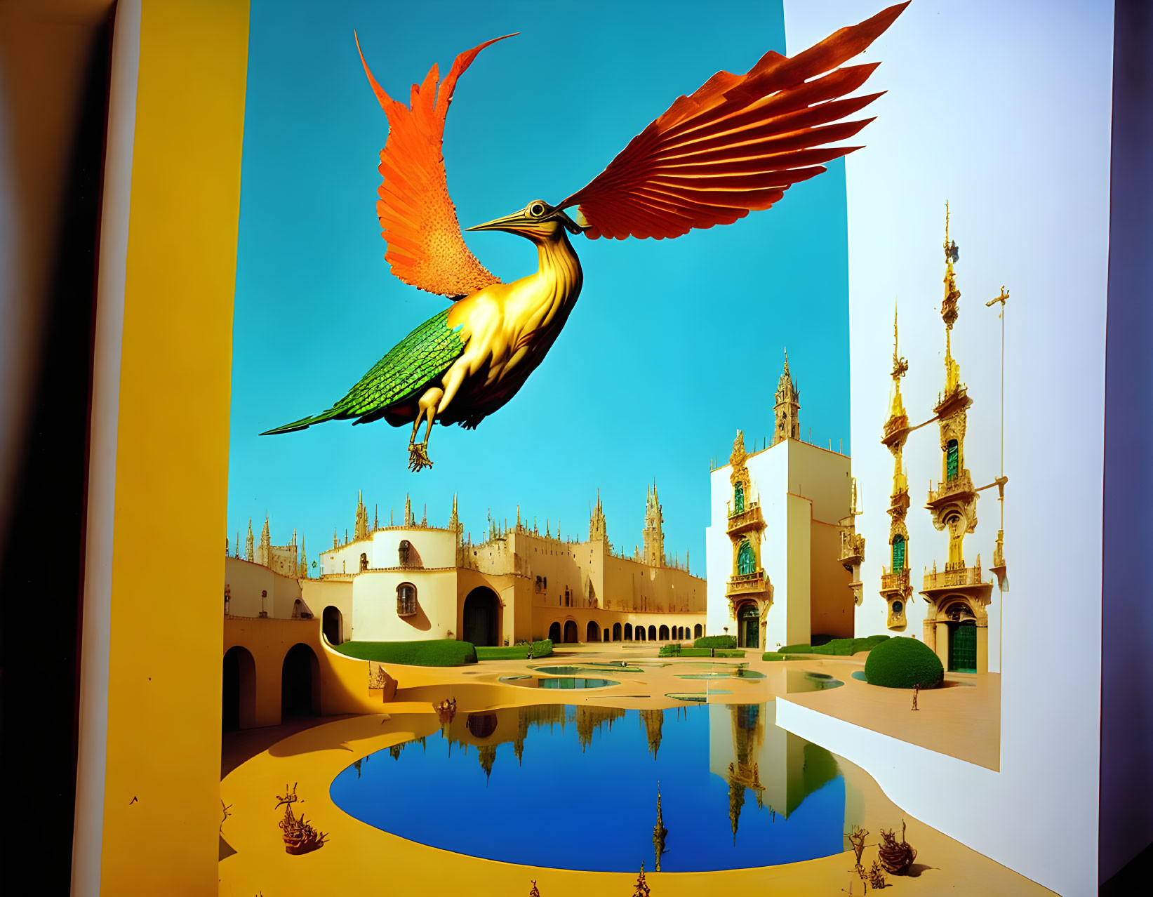 Colorful Bird in Flight Over Surreal Architectural Background