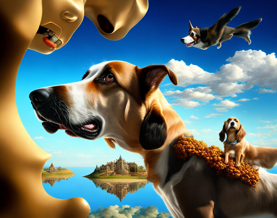 Various sizes of flying dogs above a castle in a whimsical landscape