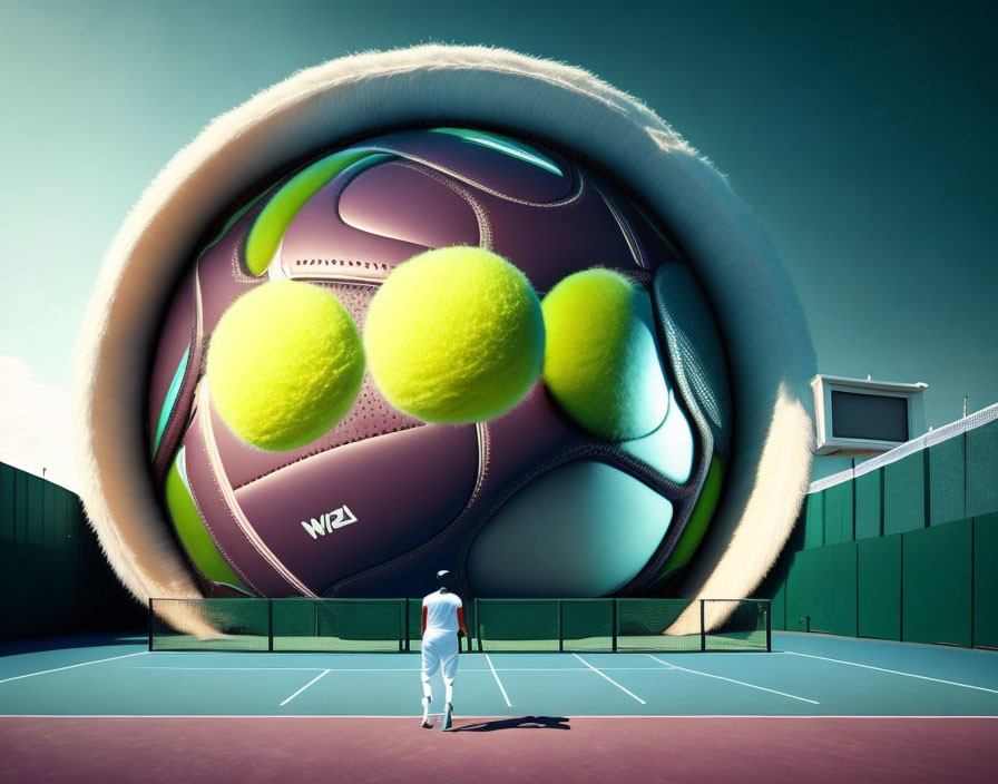 Tennis player on court with oversized surreal tennis ball