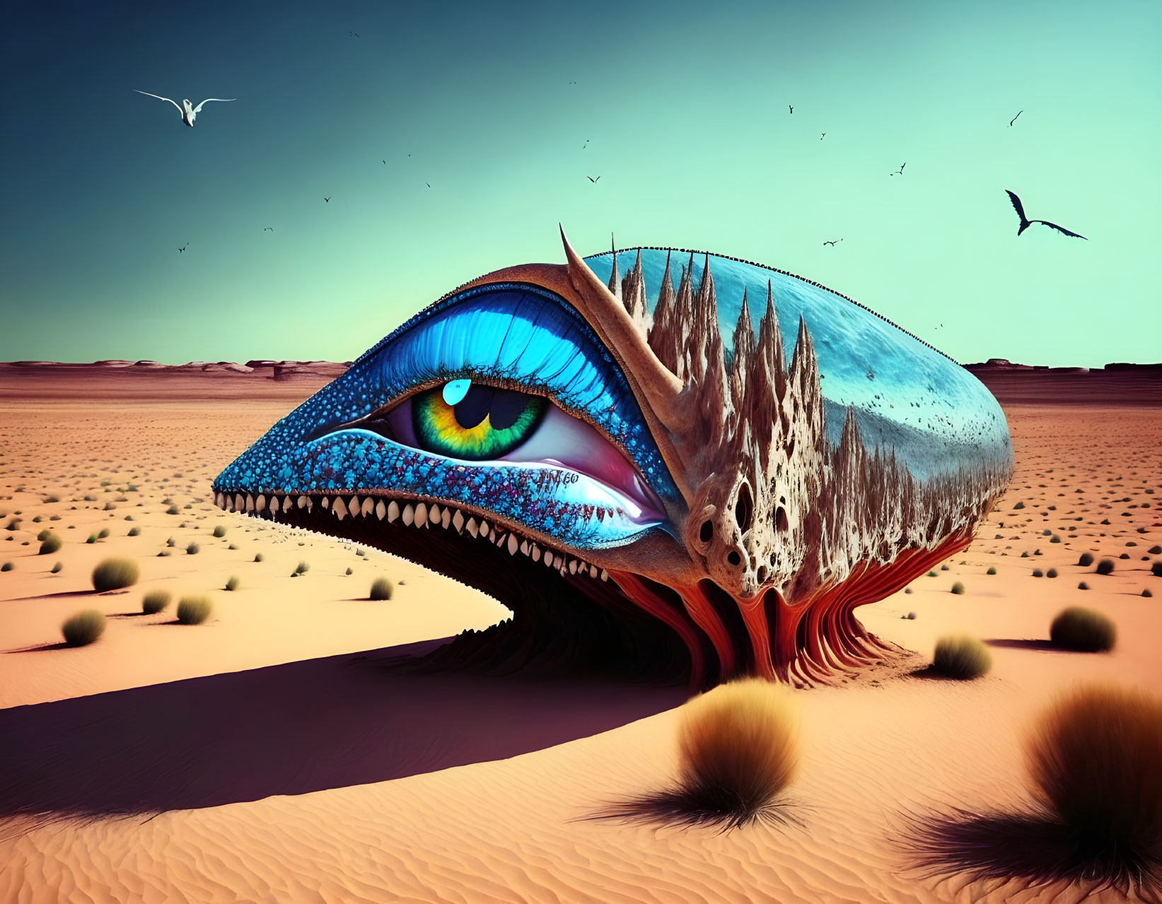 Surreal large fish-like creature with detailed eye in desert landscape