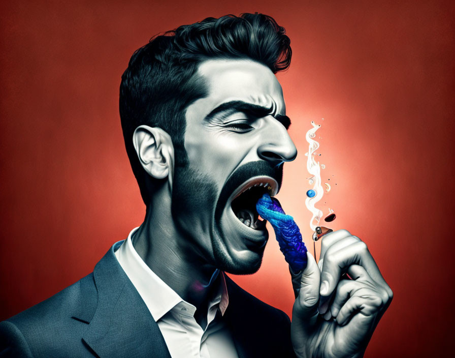 Man in suit screaming with melting paintbrush in mouth.