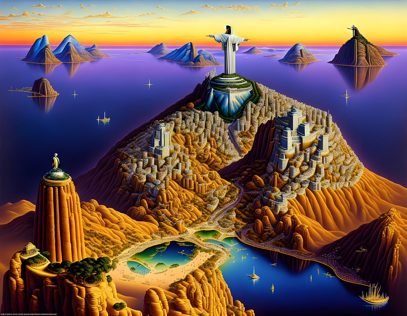 Fantastical landscape with floating islands, futuristic cities, central mountain, and sunset sky.