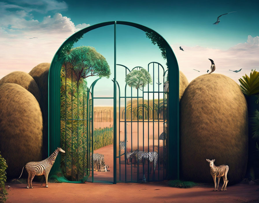 Tree-shaped gate with zebras: Surreal landscape with oversized hedges & birds