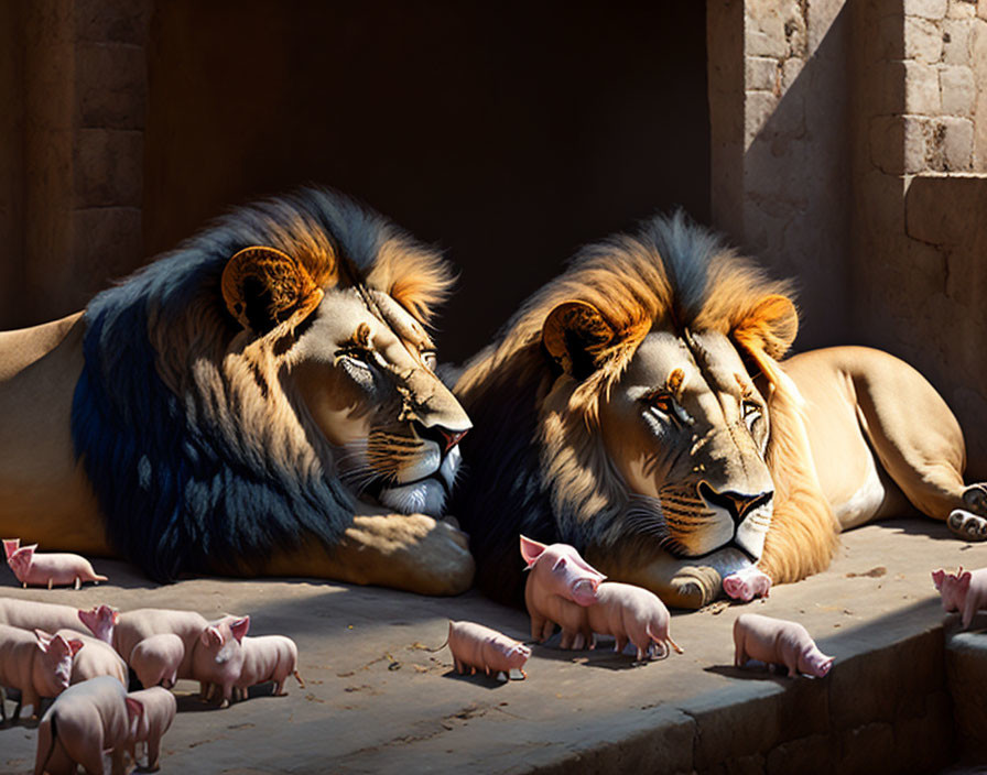 Lions and pigs in sunny ambiance