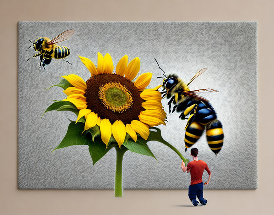 Child in red shirt views hyperrealistic sunflower painting with oversized bees