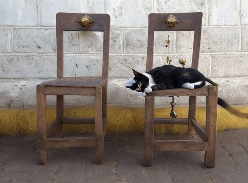 Antique Wooden Chairs with Tuxedo Cat on Yellow Cushion