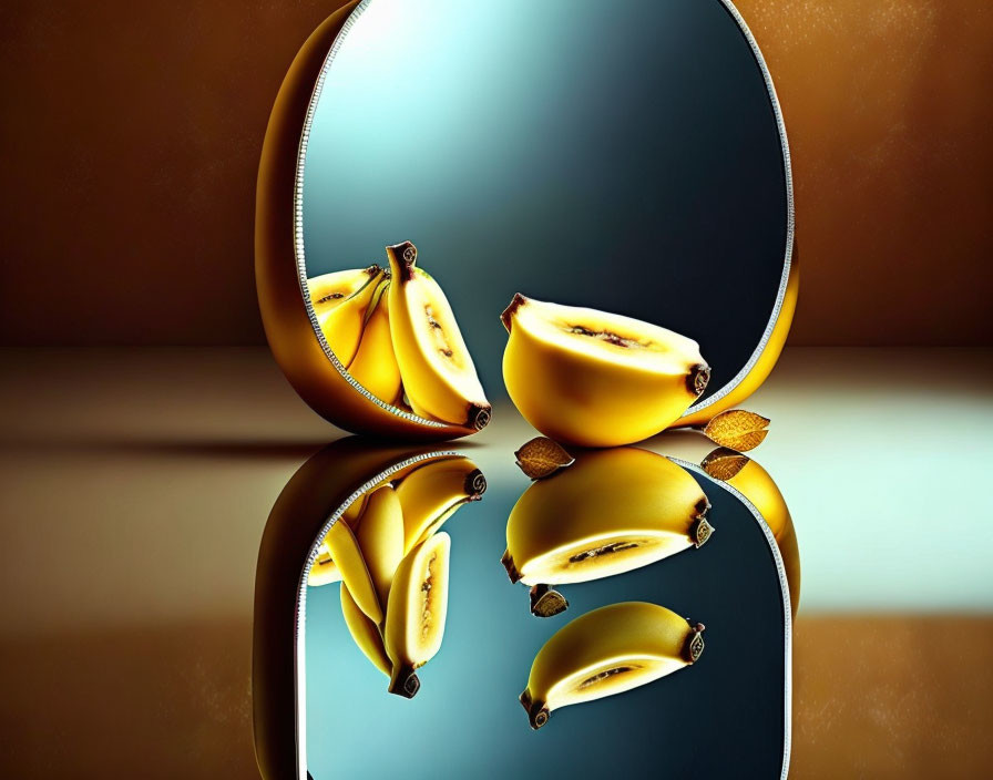 Bananas Sliced in Oval Mirror on Gradient Background