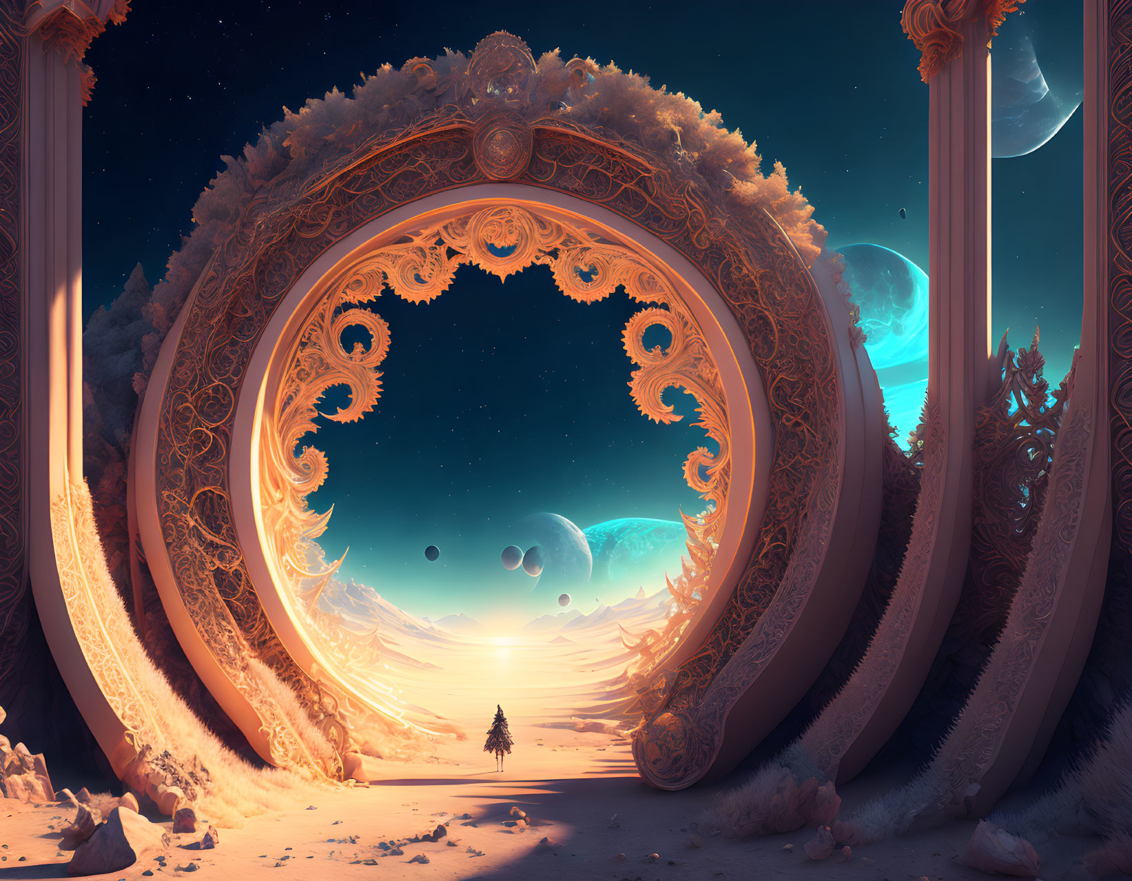 Solitary Figure at Ornate Circular Gate on Alien Planet