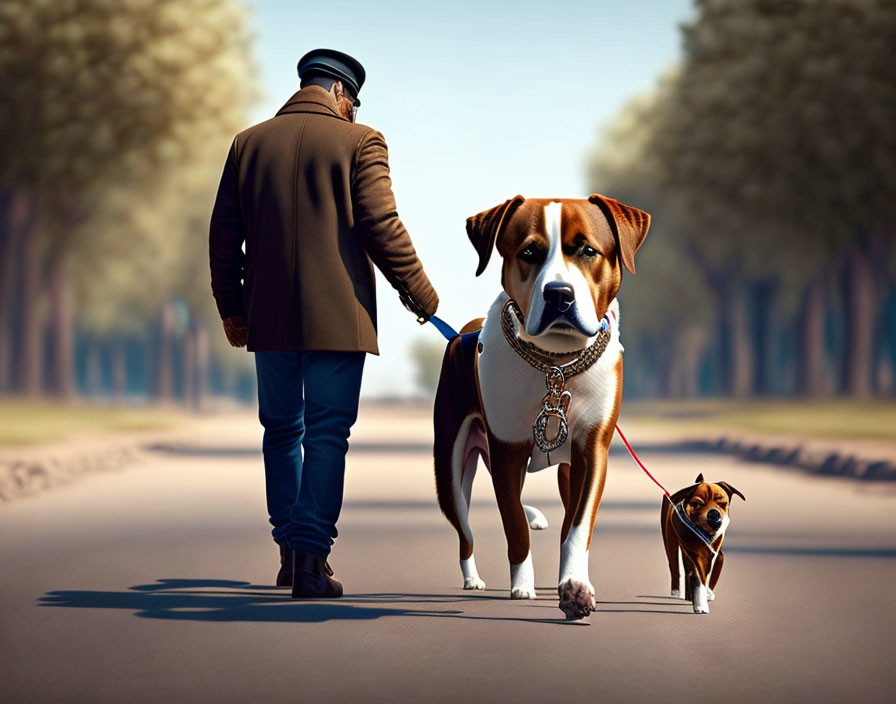 Man walks large dog walking tiny dog on leash in humorous scene.