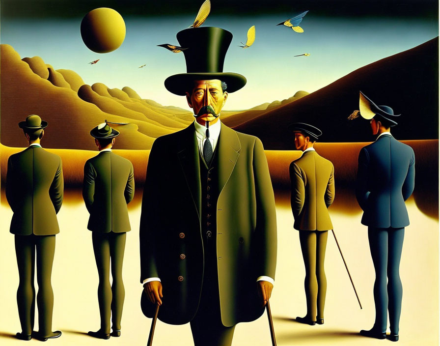 Surreal painting featuring man in top hat and stylized landscape